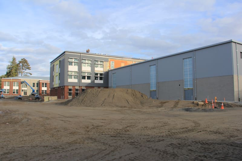 Looking at the southwest corner of the new HHS, from l. to r. are the north wing, south wing and the gym.