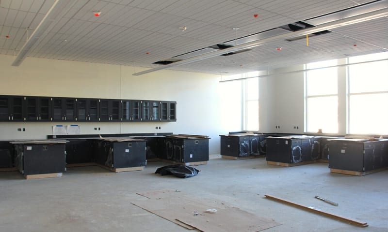 View of science lab classroom with cabinets being installed (January 14, 2021).