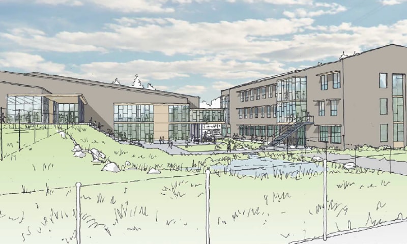 Draft sketch of east view/student entry for new Evergreen High School design project.