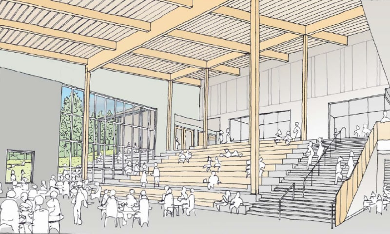 Draft sketch of Interior, Lower Commons of new Evergreen High School design project