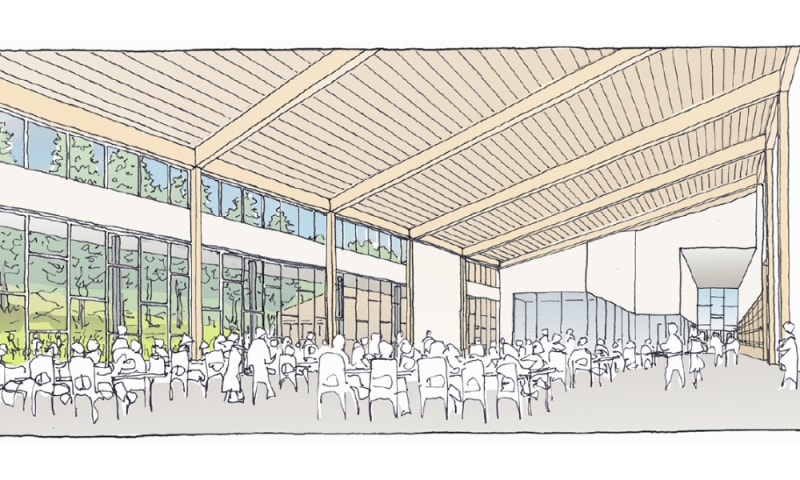 Draft sketch of interior, Upper Commons, new Evergreen High School design project