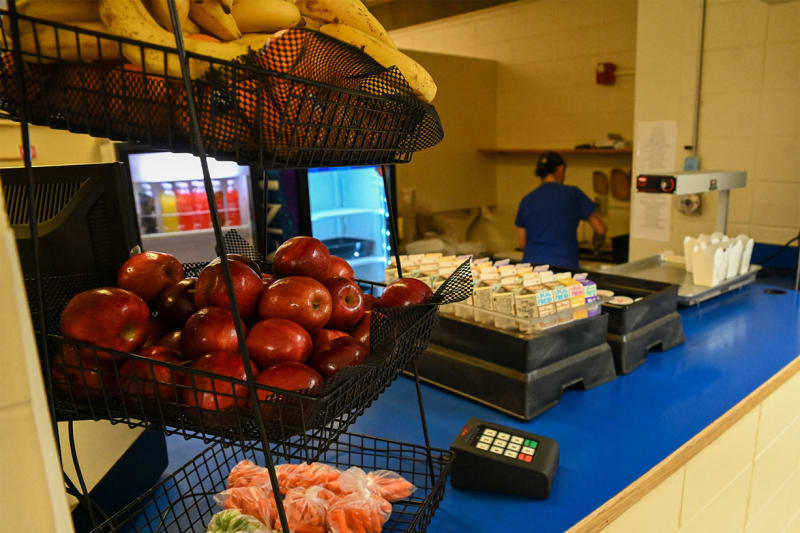 Healthy snacks displayed in school cafeteria