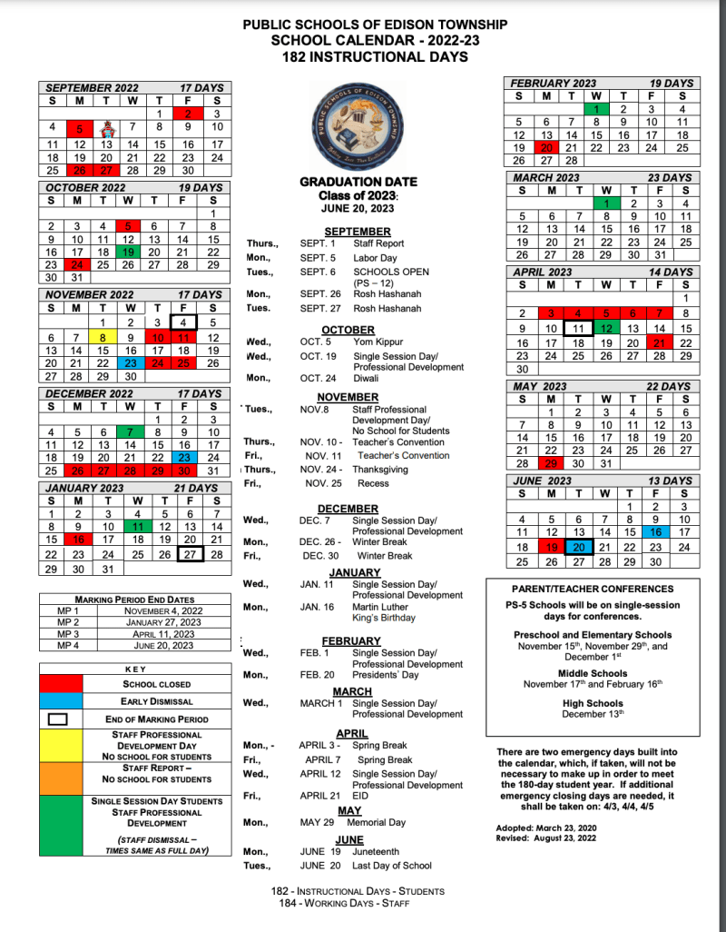 School Calendar 2022-23 - Washington Elementary School
