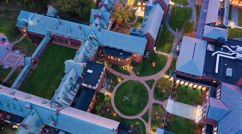 A birds-eye view of St. Mark's School at dusk. 