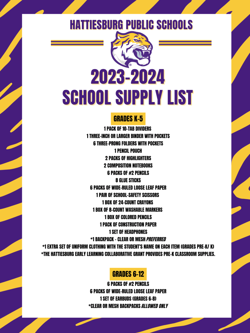 School Supply List for 2023-2024