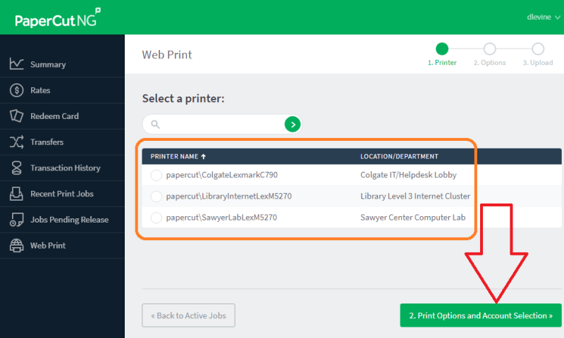 A user interface displays a list of printers in the foreground, with a green navigation bar and menu on the left side of the screen in the background.