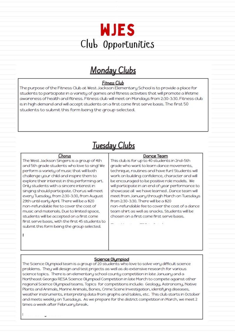 schedule of clubs