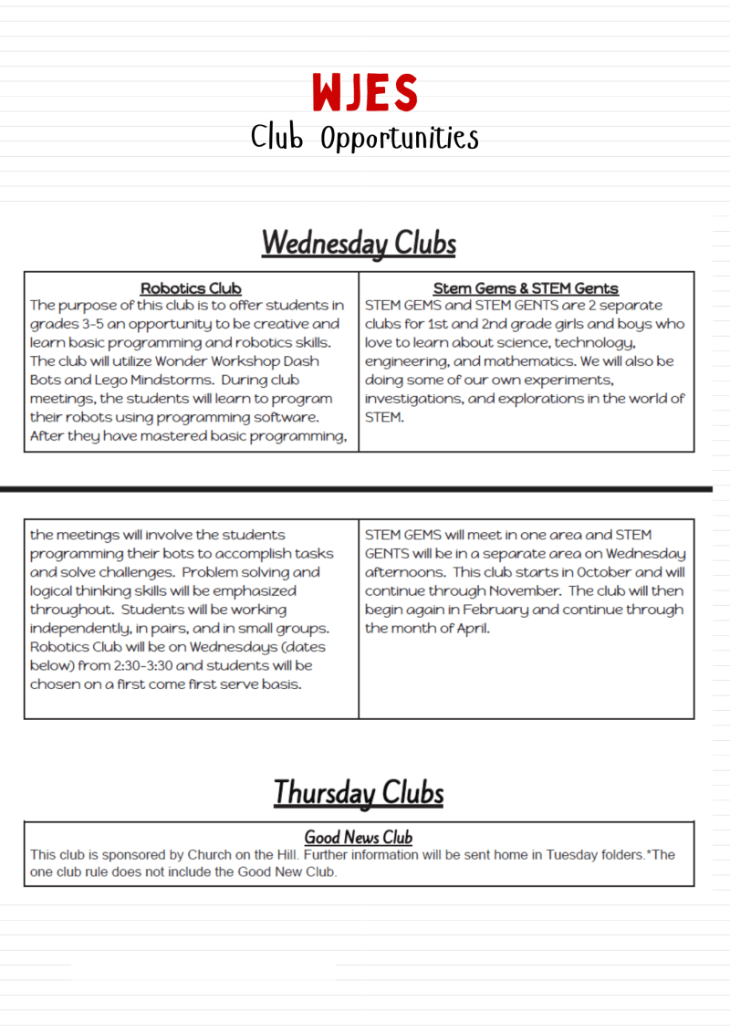 schedule of clubs