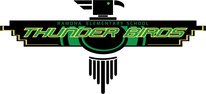 Ramona Elementary School Thunderbirds logo in green and yellow with stylized text and geometric design.
