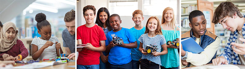 Three pictures of elementary, middle, and high school students actively engaged in academics