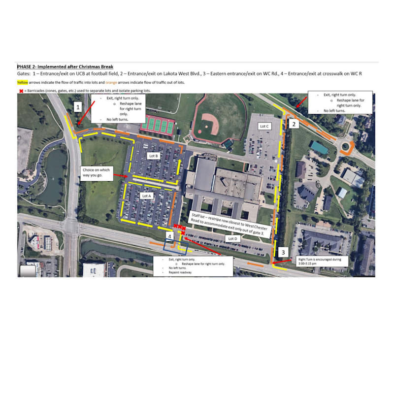 A map showing new traffic patterns for Lakota West, effective January 7, 2025. There are four gates: Gate 1 on Union Centre Blvd. at the football field, Gate 2 on Lakota West Blvd., Gate 3 on West Chester Rd., and Gate 4 at the crosswalk on West Chester Rd. Yellow arrows indicate traffic flow into lots, and orange arrows indicate traffic flow out. Barricades separate and isolate parking lots. Specific turn instructions are provided for each gate and lot.