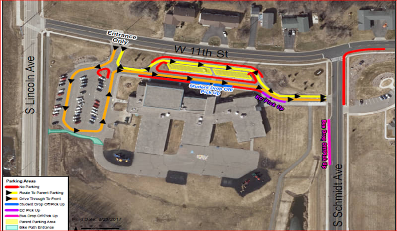 Washington Elementary map showing drop-off, pick-up, parking, and bus areas.