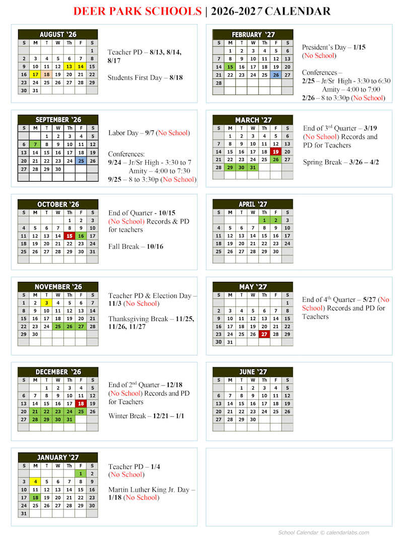 District Calendar (PDF) Deer Park Jr / Sr High School