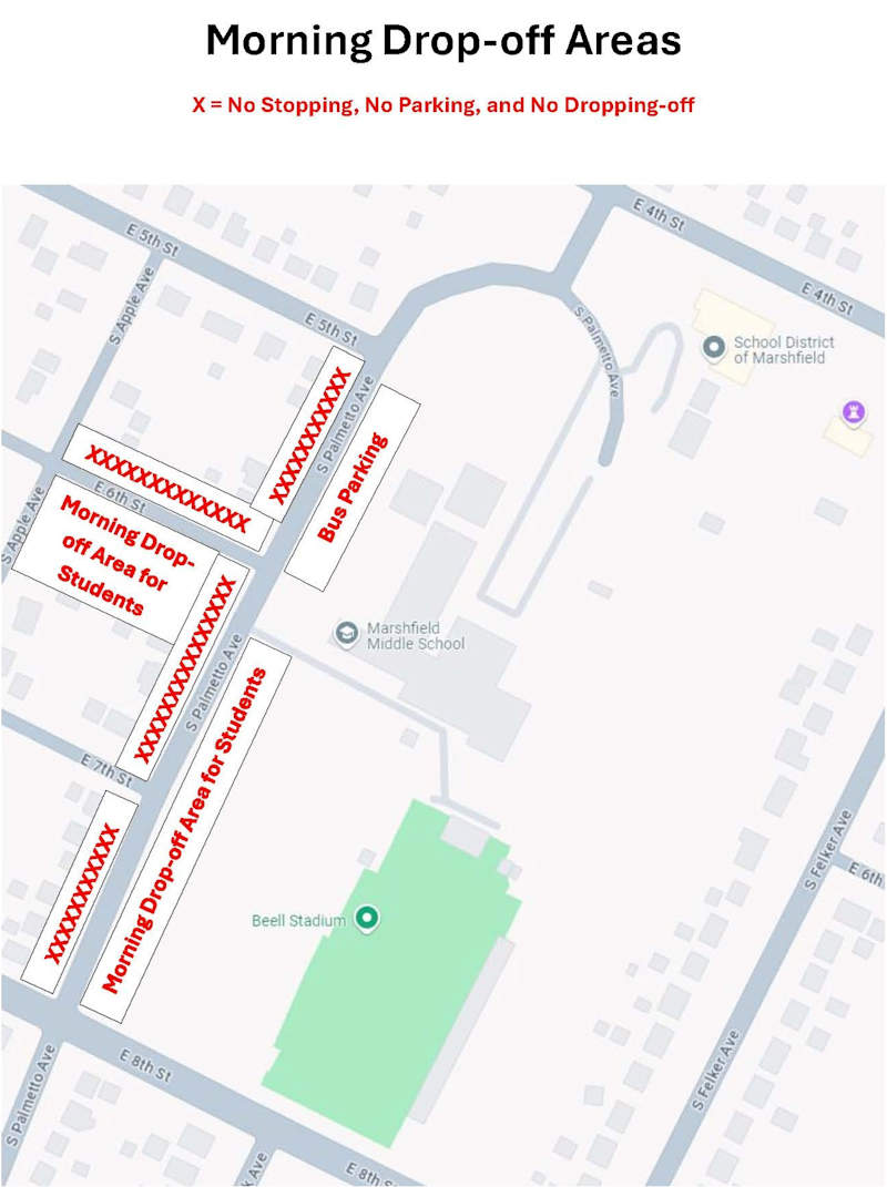 Marshfield Middle School morning drop-off map showing designated drop-off areas and restricted zones.