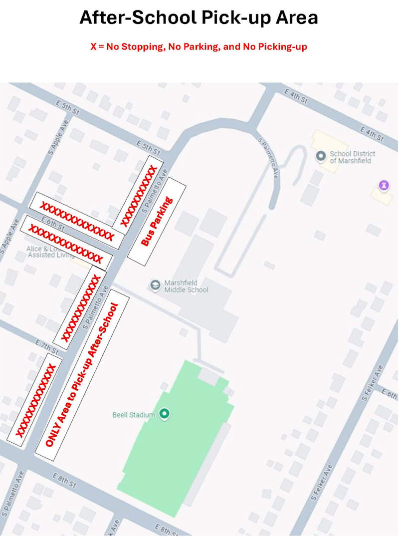 Marshfield Middle School after-school pickup map showing the curbside pickup area on Palmetto Avenue.