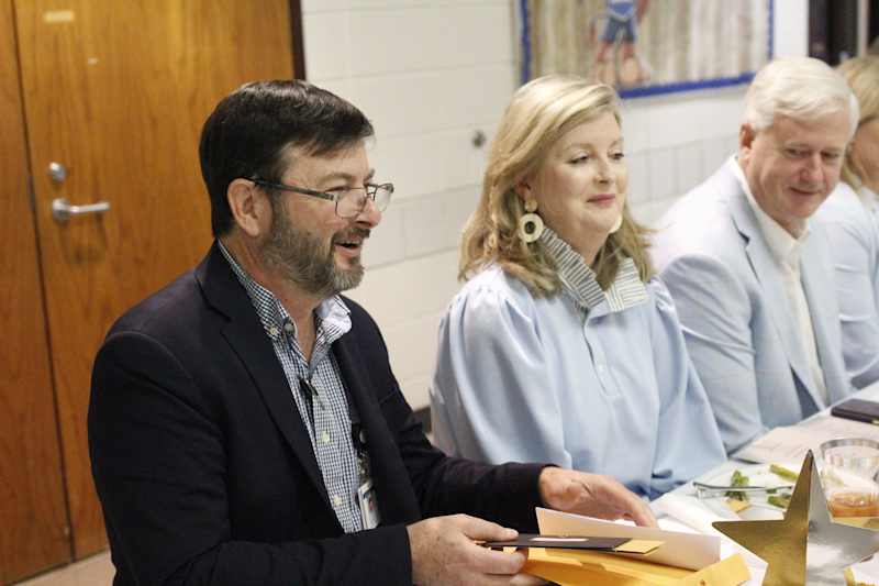 Nevils Elementary School Principal Rob Lindsey (left) with Lisa Judy, who along with Kim Brantley, were two of his school's retirees for 2025.