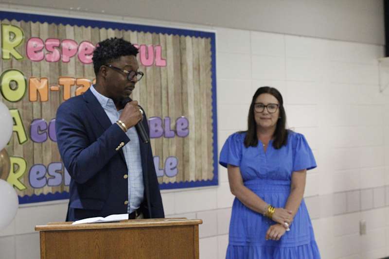 Willie Robinson, Ed.D., principal of Langston Chapel Middle School with Angela Bird, a career educator, who spent her final year before retirement in Bulloch County.