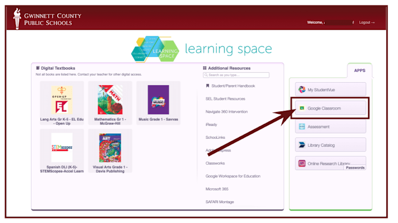 Screenshot of the Student Portal with an arrow indicating the Google Classroom button