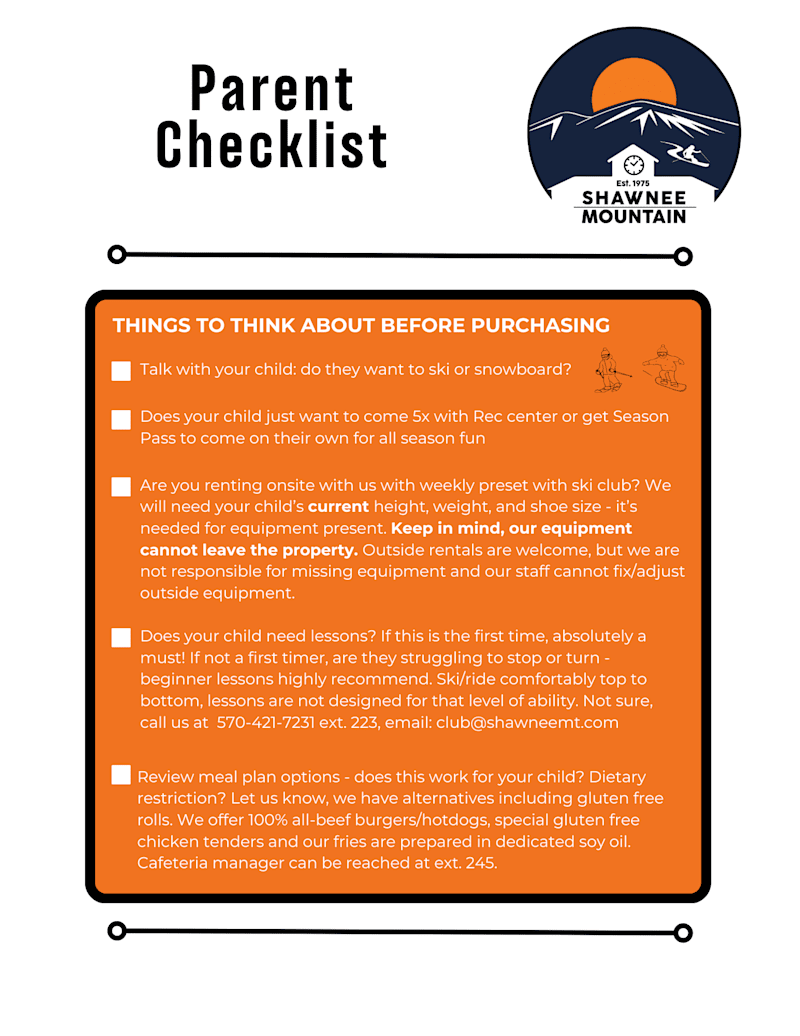 Shawnee Mountain Parent Checklist Info Graphic