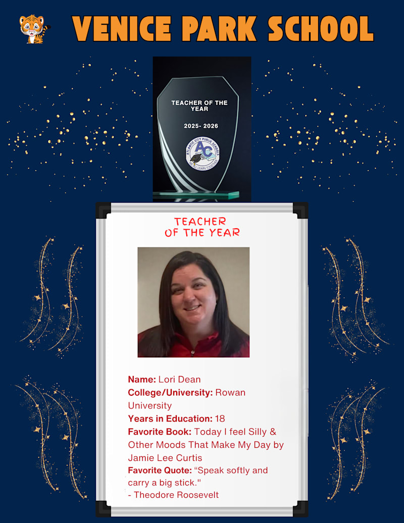 Venice Park School Teacher of the Year featuring staff photo and bio.