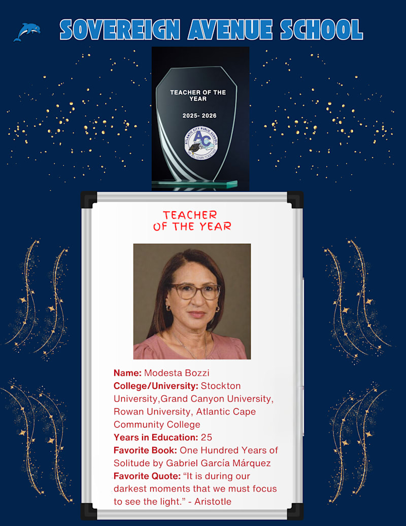 Sovereign Avenue School Teacher of the Year featuring educator portrait.