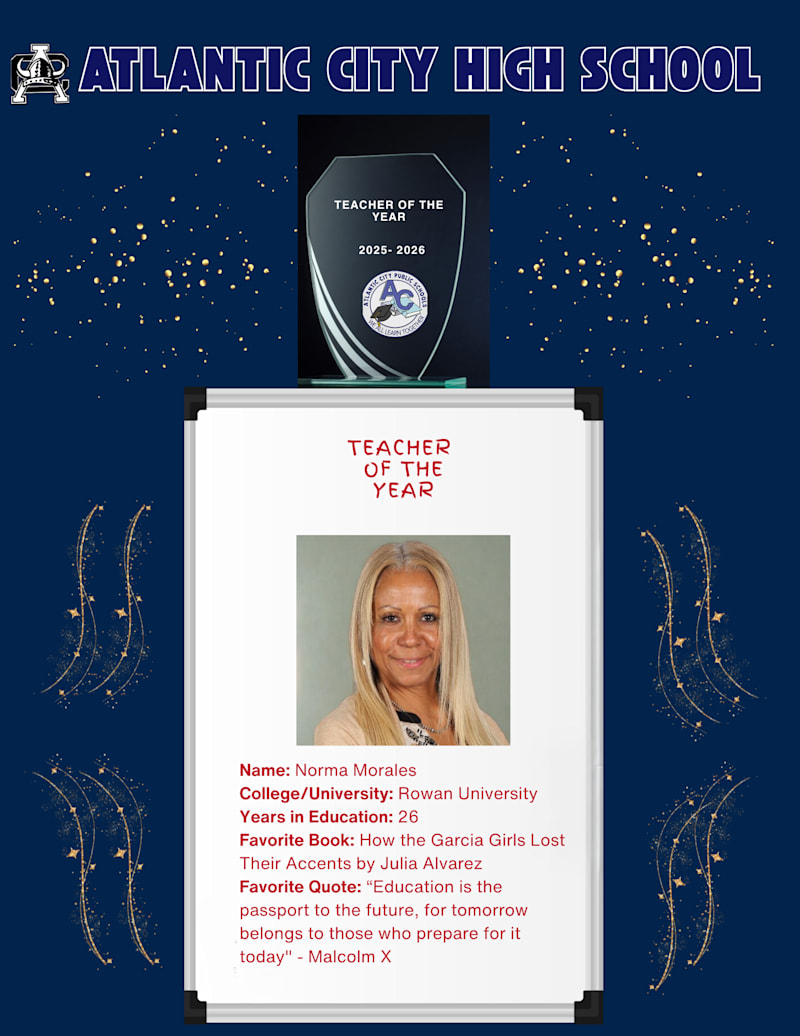 Atlantic City High School Teacher of the Year featuring educator portrait and details.