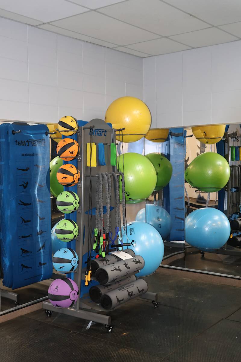 Strength training, stretch balls and other equipment.