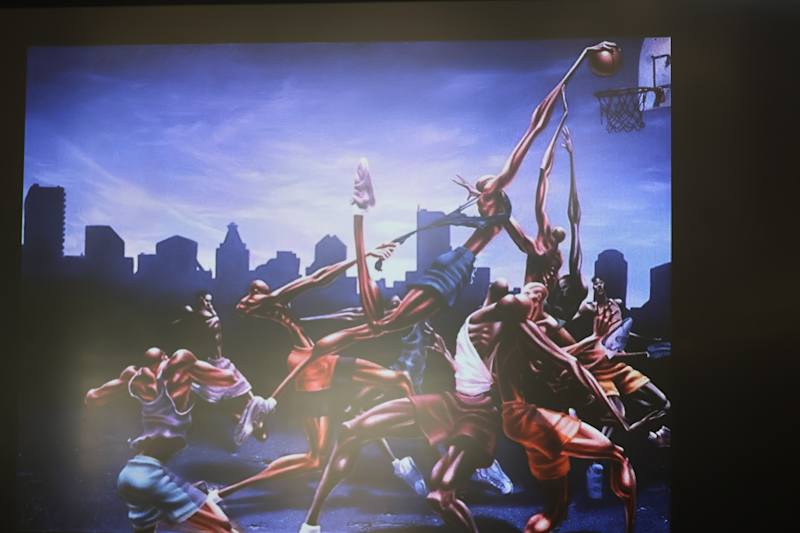 Kadir Nelson's basketball painting in the style that pays tribute to Ernie Barnes.