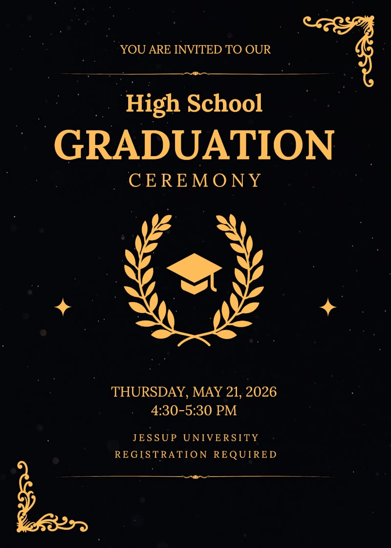 black and gold high school graduation ceremony flyer that says william jessup university registration required