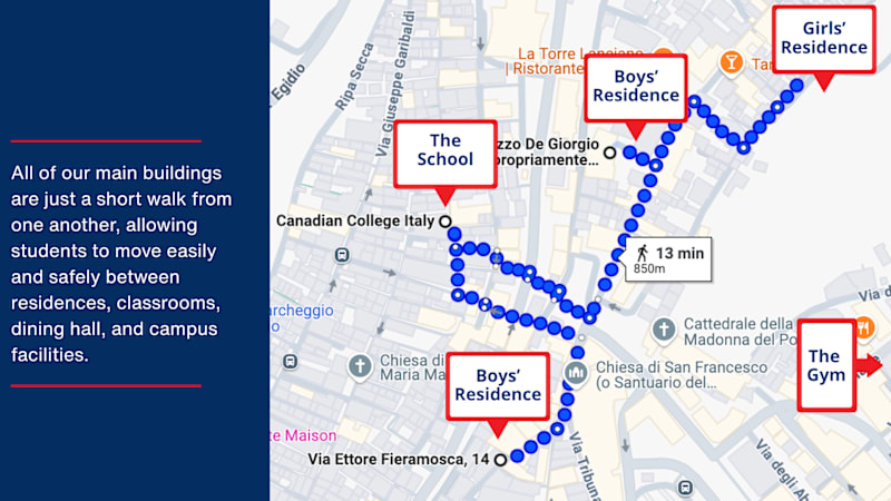 Map showing Canadian College Italy's school and residences in central Lanciano