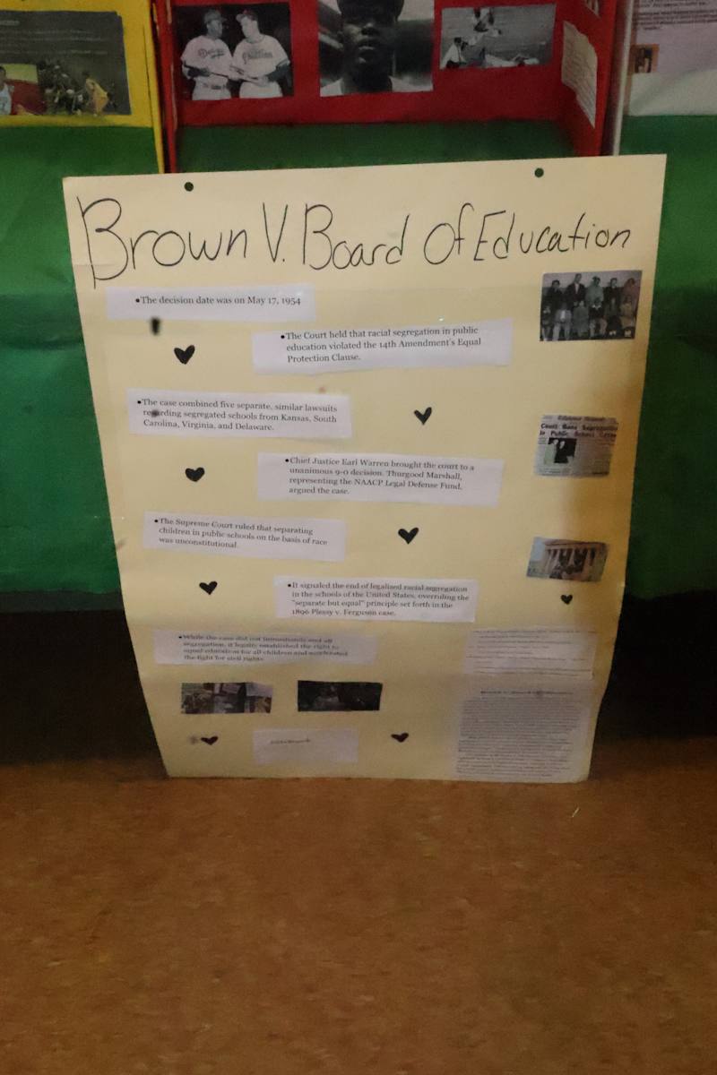 The image shows a poster titled "Brown V Board of Education" with various text and images related to…