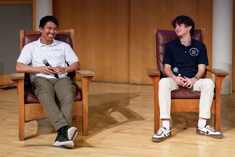 Junior Prem Pun Magar (L) and Freshman Volodymyr Hrimov (R) present in Wanamaker Hall.