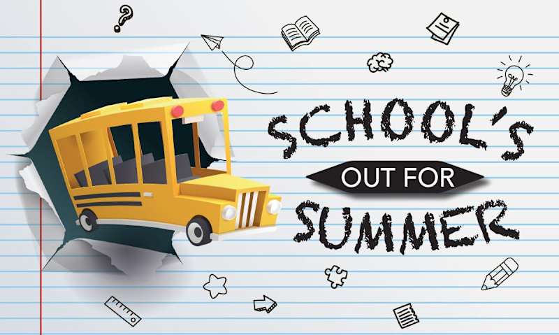 Picture depicting bus and the words "School;s out for summer"