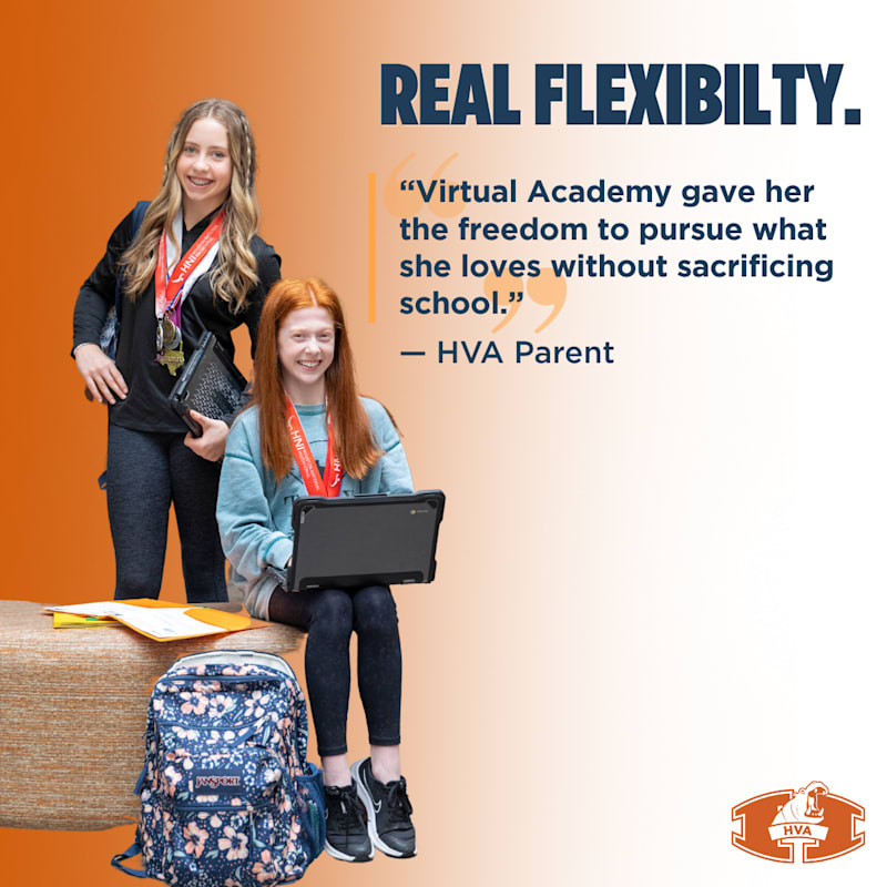 Two smiling girls with laptops and backpacks against an orange and white gradient background with text about real flexibility.
