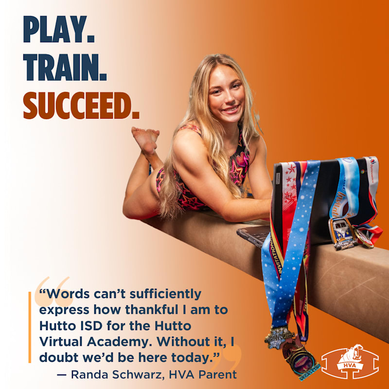 A blonde gymnast lies on a balance beam in the foreground, with a stack of medals to her right, against an orange background with motivational text.