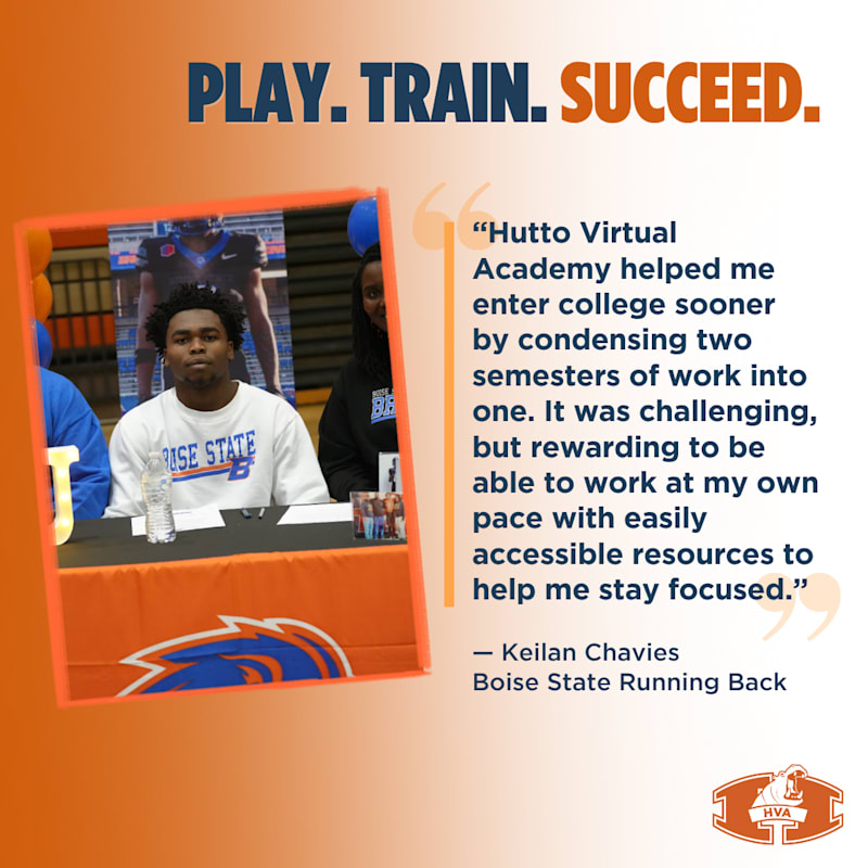 A young man in a Boise State sweatshirt sits at a table in the foreground, while the background features a quote about Hutto Virtual Academy.