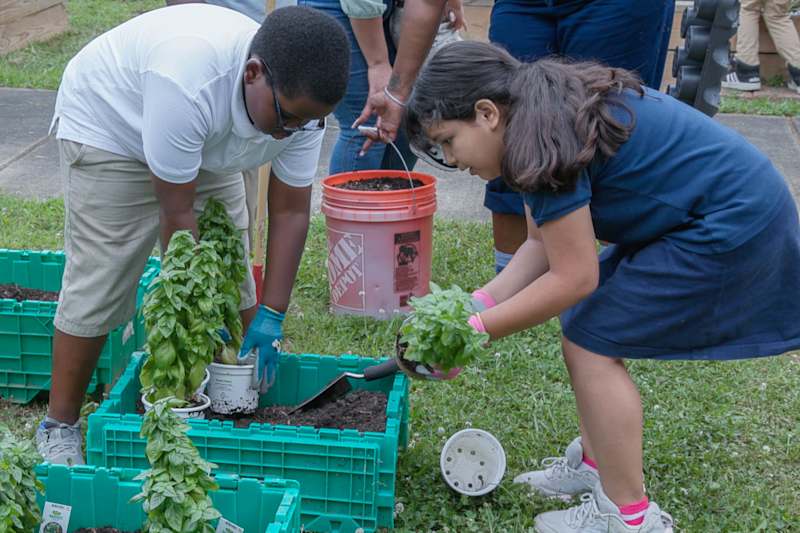 Students collaborating outdoors in an experiential learning garden space at Hickory Grove Elementary School.