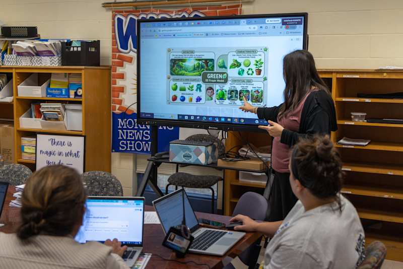 A teacher leading an interactive lesson module using an overhead display setup at Huntersville Elementary School.