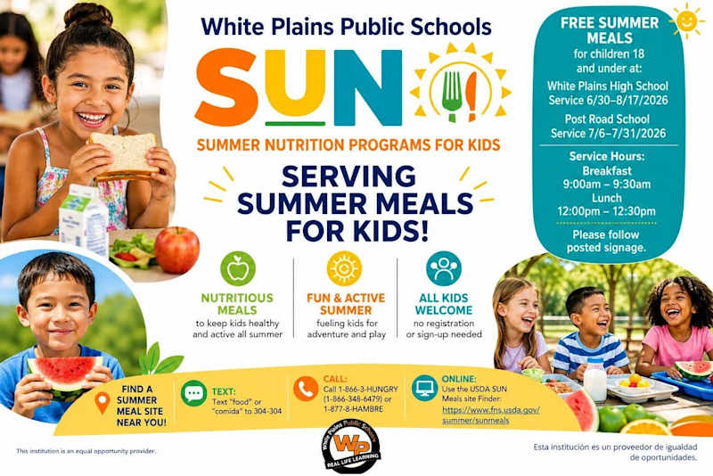 Smiling children enjoy healthy snacks in the foreground, while the background features a flyer for White Plains Public Schools' free summer meal program.