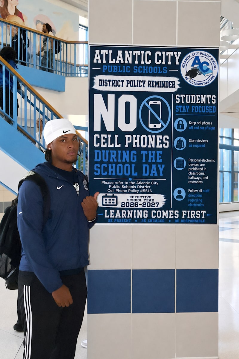 A young man stands in the foreground next to a "No Cell Phones During the School Day" poster, with a…