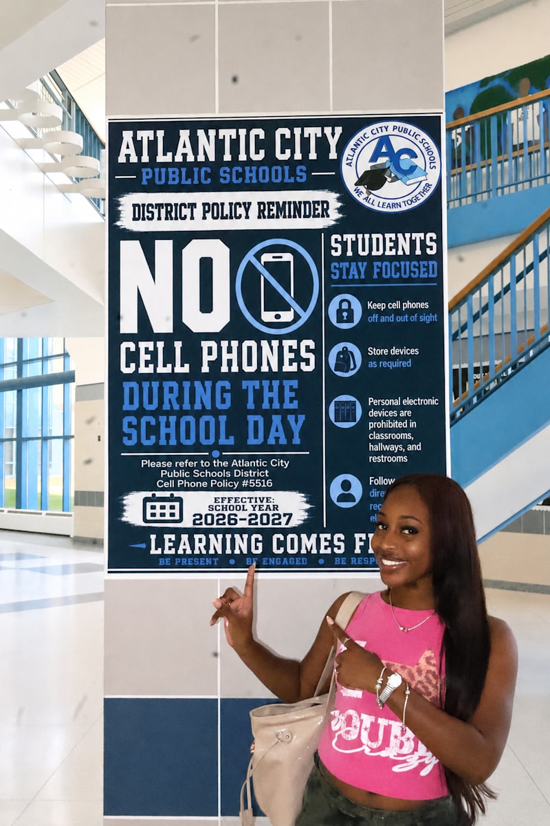 A young woman in a pink top points to a "No Cell Phones During the School Day" sign in a school hall…