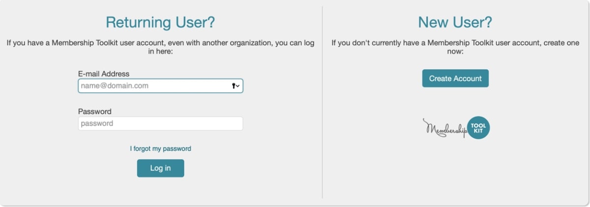 Log in page for Membership Toolkit