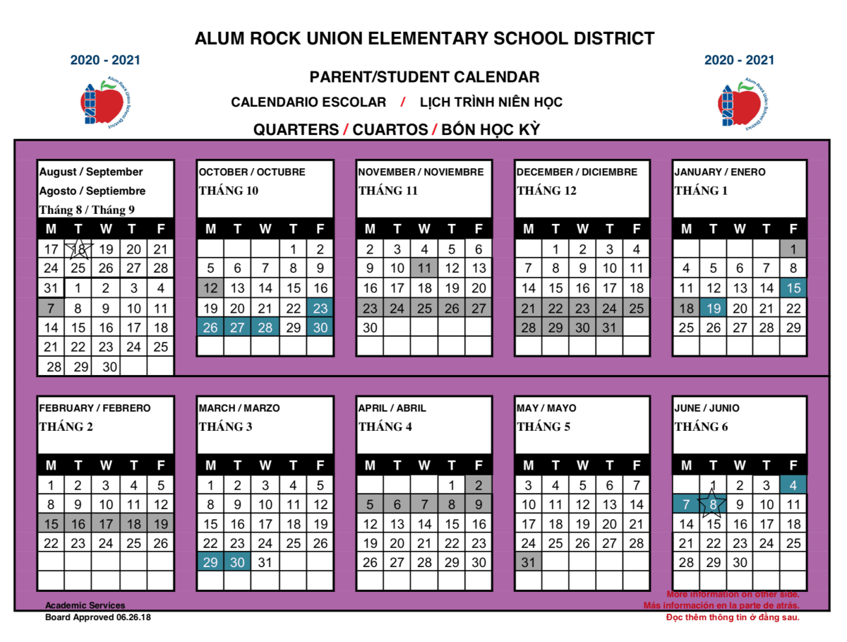 Alum Rock Union Elementary School District Calendar 2020 and 2021
