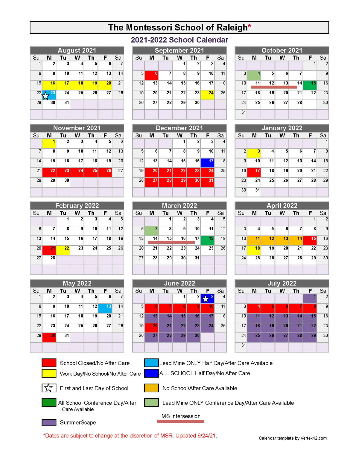 Academic Calendar - Montessori School Of Raleigh