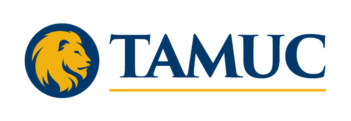 Yellow lion head on a blue circle background with TAMUC typed in blue