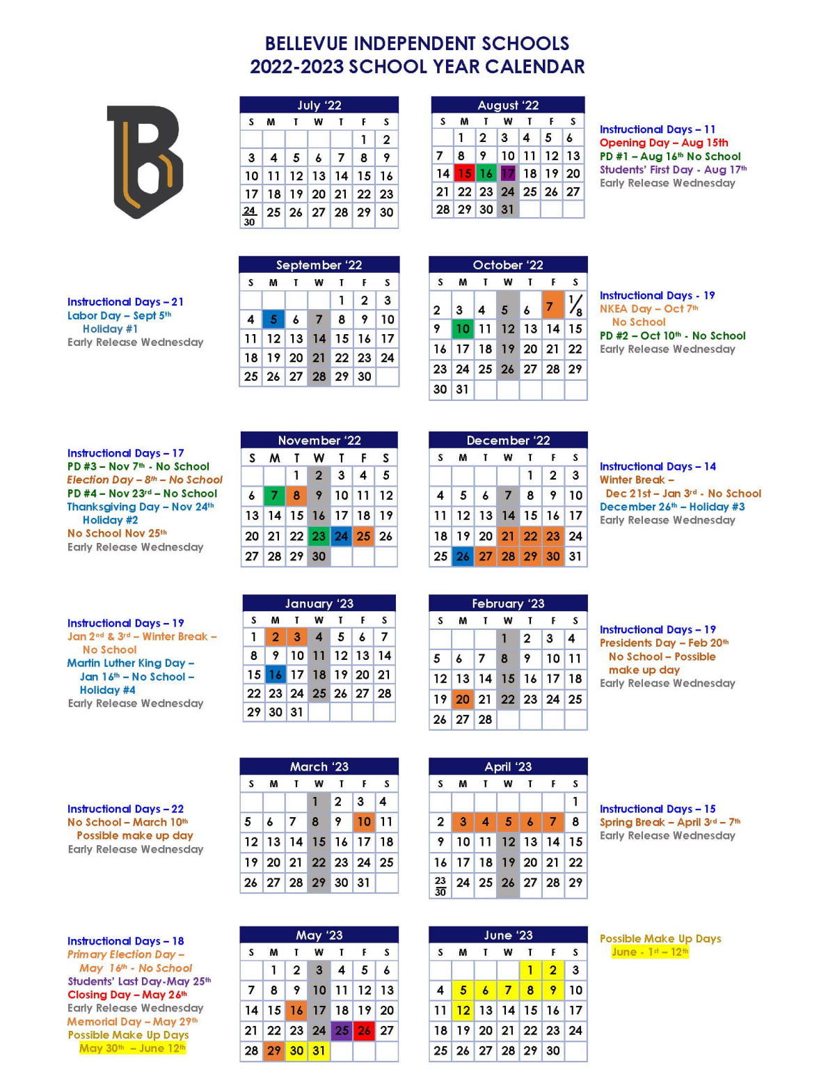 Bellevue Independent Schools Calendar