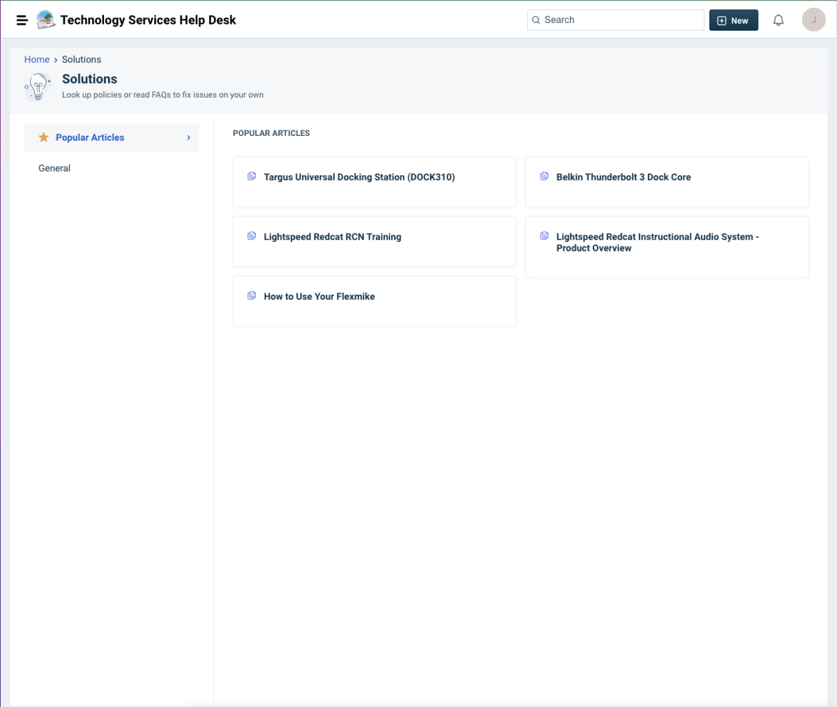 Dashboard interface for the new service desk, displaying various tools and metrics for user support management.