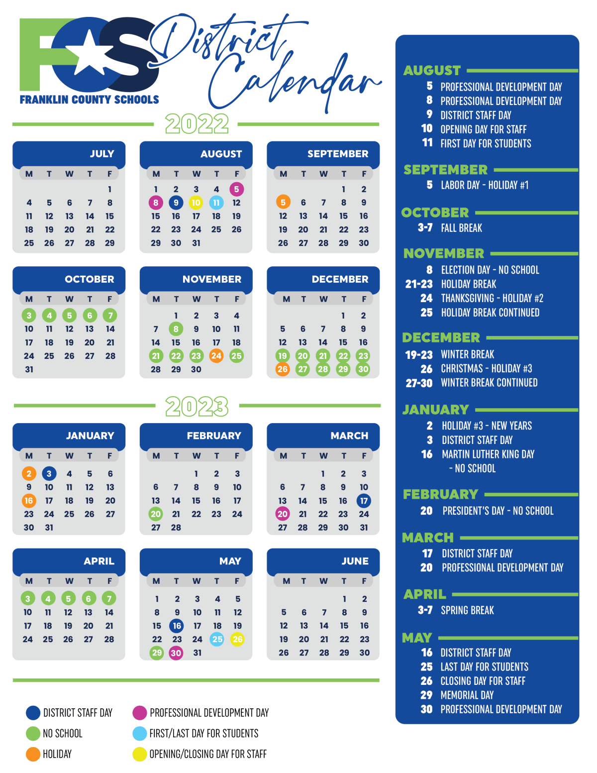 Franklin County Schools Calendar 2023 and 2024
