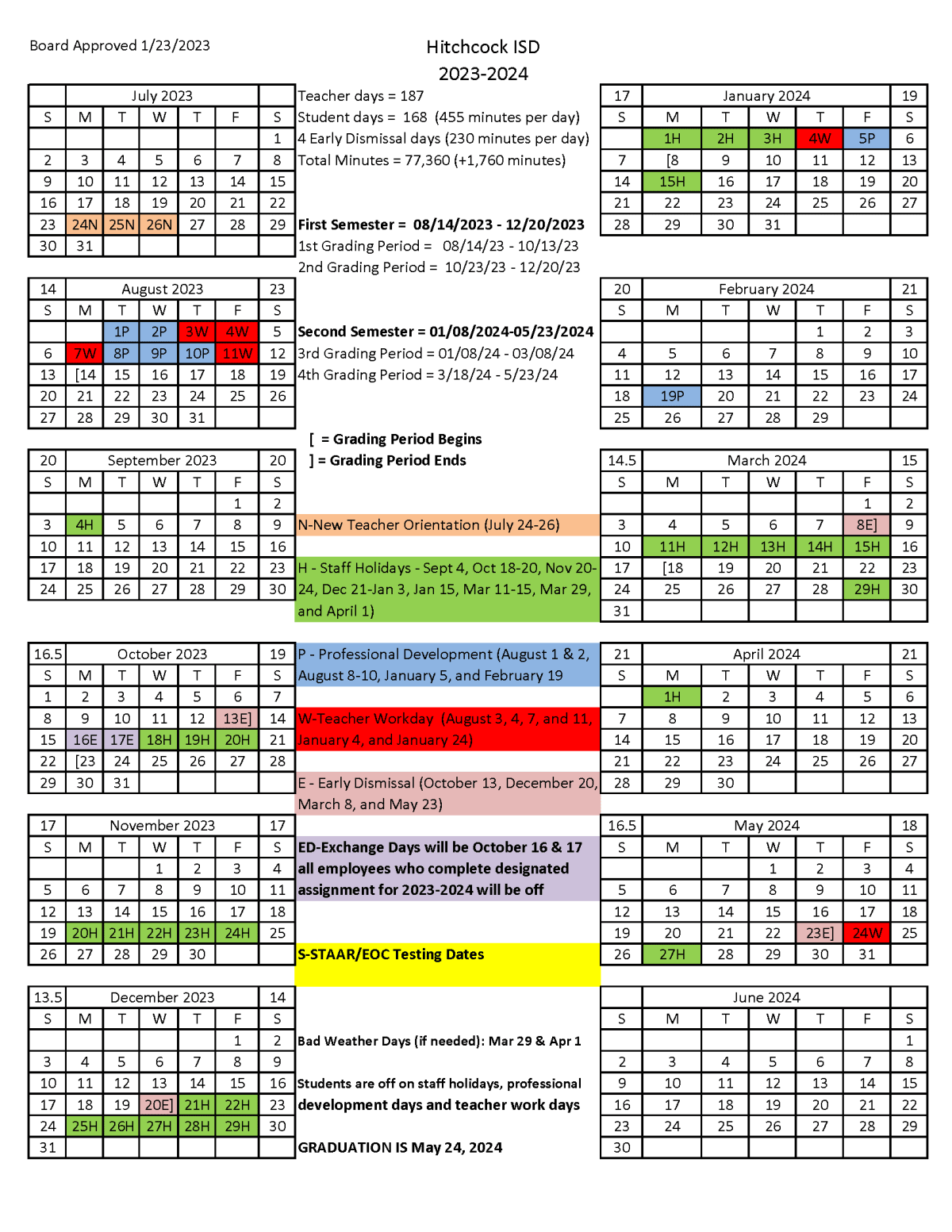 Hitchcock Independent School District Calendar 2024 and 2025
