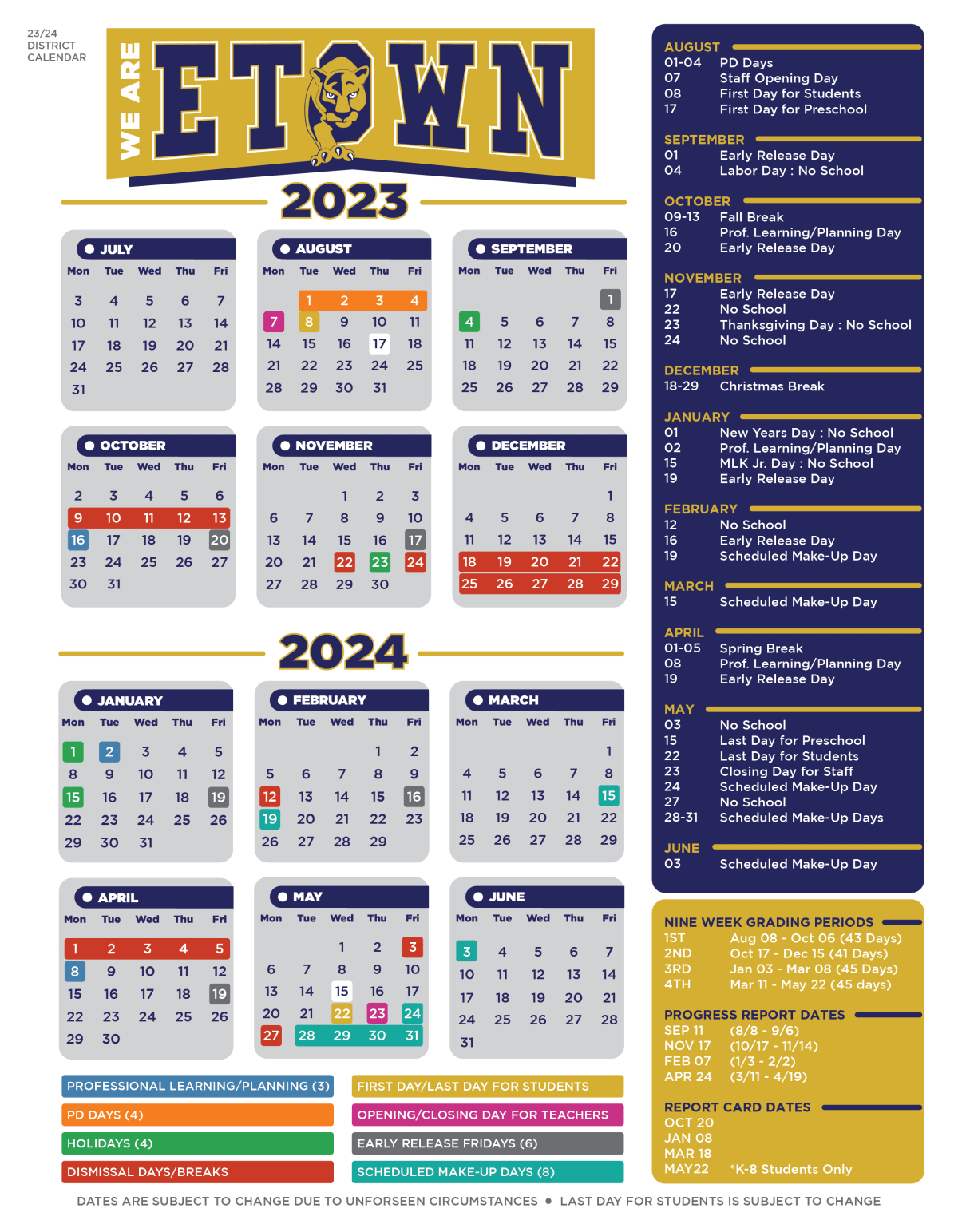 Elizabethtown Independent Schools Calendar 2024 and 2025